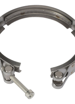 The AGCO | Profile Clip - Acp0359560 by AGCO is a metallic clamp equipped with a screw bolt and two latch mechanisms, designed specifically for securing pipes or hoses. There is no current product description available.