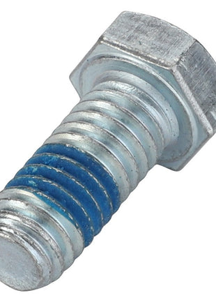 A close-up image of the AGCO Hexagonal Head Bolt - Ag006500, a metal hex bolt with partial blue thread locker applied near the middle of its threads, showcasing intricate details.