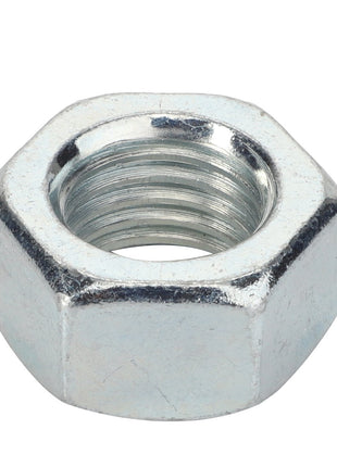 The AGCO | NUT - F916501120080 is a shiny, hexagonal metal nut with a threaded inner surface, designed for fastening bolts or screws.