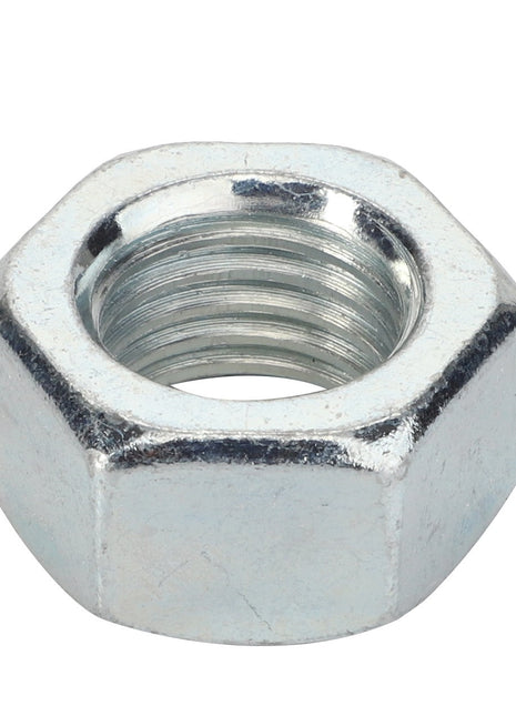 The AGCO | NUT - F916501120080 is a shiny, hexagonal metal nut with a threaded inner surface, designed for fastening bolts or screws.