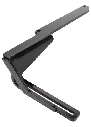 The AGCO BRACKET - AL10383702 is a black, L-shaped metal bracket featuring a perforated flat extension and reinforced triangular support. No additional product description information is currently available.