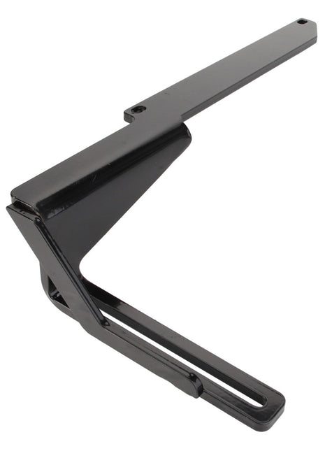 The AGCO BRACKET - AL10383702 is a black, L-shaped metal bracket featuring a perforated flat extension and reinforced triangular support. No additional product description information is currently available.