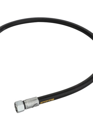 An AGCO hydraulic hose (model D45130028) with flexible black tubing, metal fittings on both ends, a slight curve, and a small yellow tag near one of the fittings.