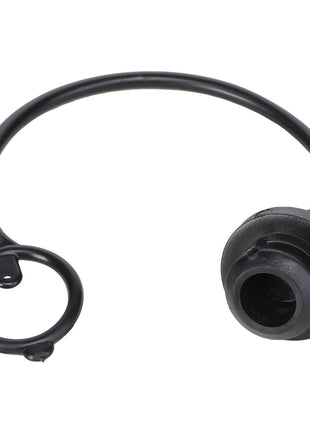 The AGCO | Front Loader Hose Kit Dust Cover - AL5044130 is a black rubber dust cap, designed specifically for front loaders. It includes a flexible strap and a circular attachment component, ensuring durability and compatibility with original AGCO Parts.