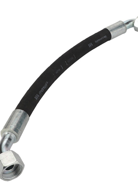 The AGCO Hydraulic Hose - D46150486 is a black hose with metal connectors on both ends, one straight and one angled. The hose features printed text and markings. We regret to inform you that there is no current product description information available.