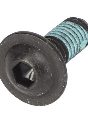 Close-up of an AGCO Torx Head Screw - Acw6176140, featuring a flat washer-like rim and threads covered in a light blue coating, showcasing intricate engineering detail.