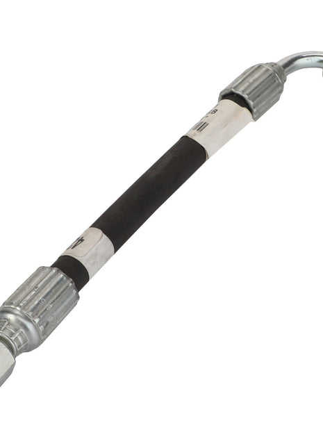 Introducing the AGCO | Hydr. Hose - 4280519M1 by AGCO: This flexible hydraulic hose is equipped with metal connectors on both ends—one straight and one angled. It features a durable black rubber section in the middle, ensuring longevity and reliability.