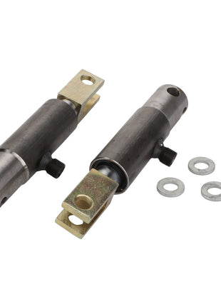 Two metal hinge pins with mounting brackets, accompanied by four washers, all part of the AGCO Brake Kit - Acx2746820, arranged on a white background. No current product description information is available.