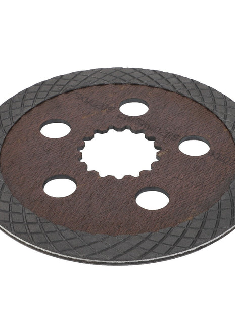 The AGCO BRAKE DISC (0.008.5343.2) is a circular metal disc featuring five round holes and a textured outer edge, along with a gear-like center hole. For any questions before ordering, please contact support for assistance.