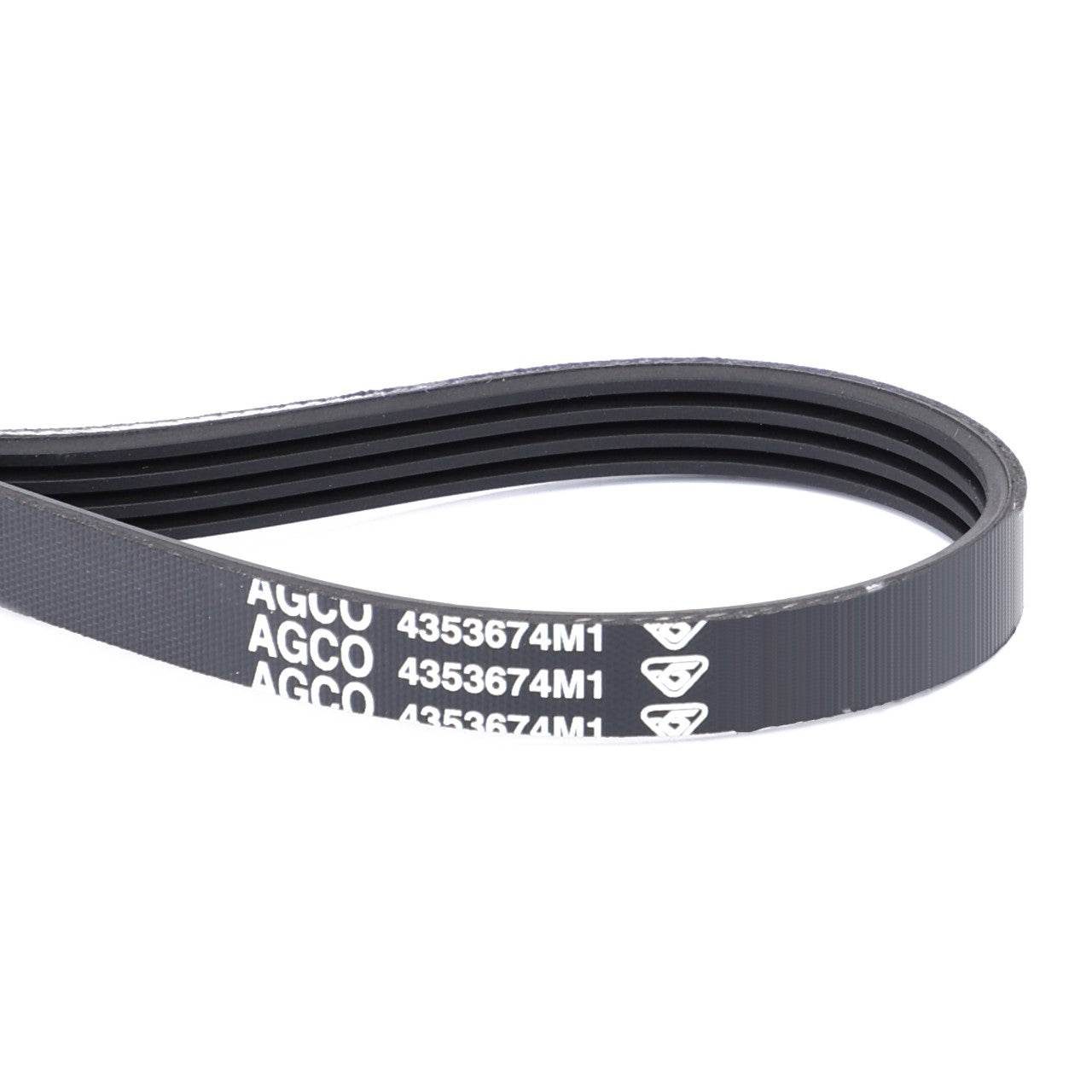 Close-up of an AGCO | Serpentine Belt, Pk4 Profile - 4353674M1 in black, with serial numbers 4353674M1 printed on the surface. The belt, suitable for Fendt Models and Massey Ferguson Models, is coiled into a loop.