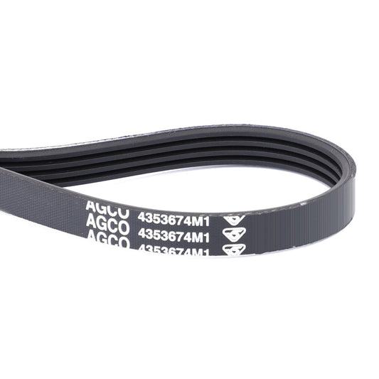Close-up of an AGCO | Serpentine Belt, Pk4 Profile - 4353674M1 in black, with serial numbers 4353674M1 printed on the surface. The belt, suitable for Fendt Models and Massey Ferguson Models, is coiled into a loop.