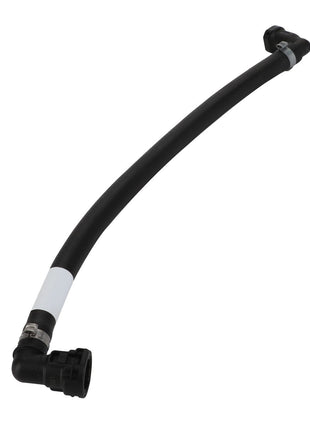 No current product description information is available, but the AGCO Fuel Hose - Acw152260A, a black flexible pipe with elbow fittings on both ends, is ideal for fluid transfer or plumbing use.