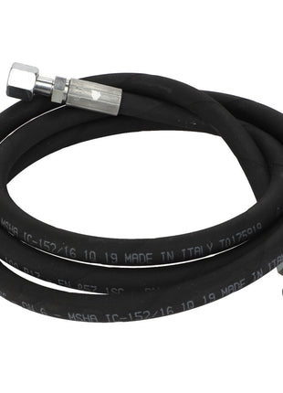 A coiled black hydraulic hose with metal fittings on both ends. The AGCO Hydraulic Hose - Acw6039210, which has white text printed along its length, currently lacks an available product description.