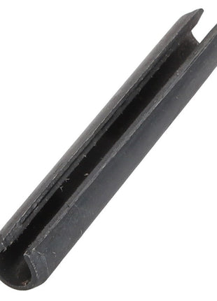 A close-up of the AGCO PIN - D42614300, a dark-colored metal roll pin featuring a hollow cylindrical shape and a lengthwise slit.