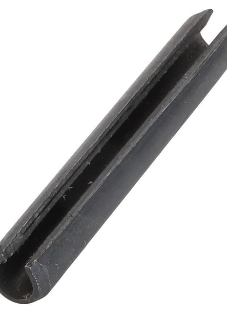 A close-up of the AGCO PIN - D42614300, a dark-colored metal roll pin featuring a hollow cylindrical shape and a lengthwise slit.
