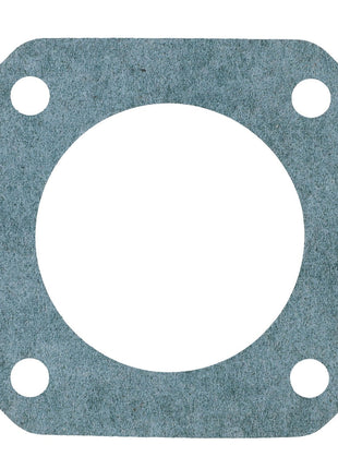 The AGCO | GASKET - 0.001.2921.0, branded by AGCO, is a square blue-green gasket featuring a large central circular hole and four smaller circular holes in the corners, engineered for durability in high-pressure environments.
