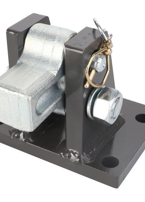 The AGCO Locking Kit - F931502166060 is a metal industrial clevis hinge featuring a silver-colored pin and a retaining clip. It is mounted on a rectangular black base with four bolt holes. Currently, no additional product description information is available.