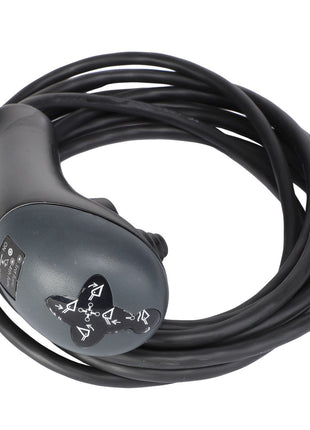 The AGCO | GRIP - AL5020960 is a coiled black EV charging cable featuring a control handle with various symbols.