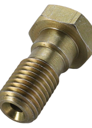 A close-up of an AGCO Banjo Bolt, model F214202710390, made of brass with a hexagonal head and threaded body.