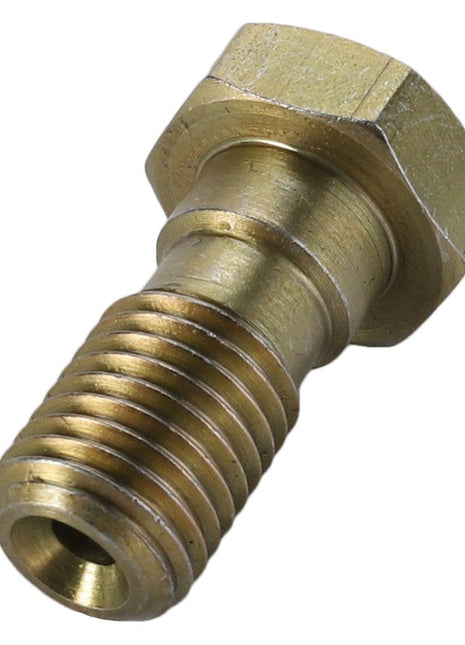 A close-up of an AGCO Banjo Bolt, model F214202710390, made of brass with a hexagonal head and threaded body.