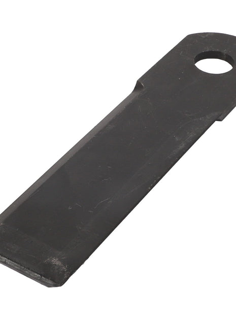 The AGCO Knife - Acp0280760 is a sleek black metal blade, featuring a hole near the top end presumably designed for attachment.