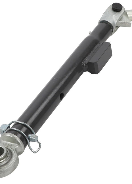 Introducing the AGCO | Stabiliser - Acw174640A, a hydraulic actuator designed for mechanical systems. Featuring a black cylindrical body with a large pivot attachment on one end and a smaller connection fitting on the other, this actuator reflects AGCO's commitment to precision engineering and robust design.