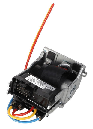 The AGCO | CONTROL - F930500031010 by AGCO is an electrical component with multiple colored wires, including red, yellow, orange, blue, and black. It features a rectangular connector and a metallic casing. Currently, no product description information is available for this item.
