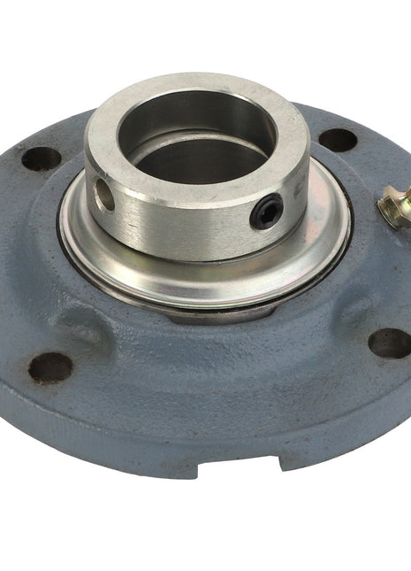 The AGCO Bearing Assy - 6206718M91 is a high-quality metal flange bearing with a gray housing and a circular opening. It features multiple mounting holes and includes a grease fitting for easy maintenance. Detailed product description currently unavailable.