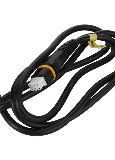 AGCO's D46150515 electrical cable features black insulation with exposed wires on one end and a six-prong connector on the other, neatly coiled and secured with a vibrant yellow label.