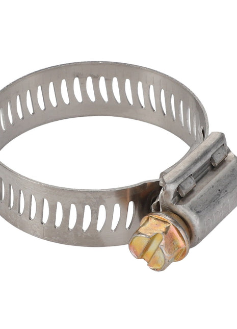 The AGCO Hose Clamp - Acp0010850 is a metal hose clamp featuring a slotted band and a screw mechanism for tightening. No current product description available.