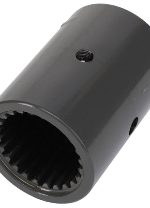 The AGCO Sleeve Shaft - Acw105410A is a cylindrical metal coupler featuring internal splines and two externally threaded holes. No additional product description information is available at this time.