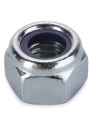 A close-up image of the AGCO Locknut - Va022407, featuring a metallic hex nut with a blue nylon insert.