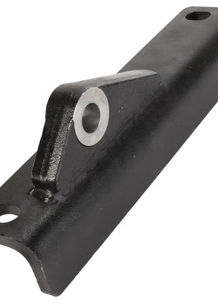 The AGCO | Bracket, Right Hand - La320941250 by AGCO features a cylindrical hole and a mounting hole at each end, designed for mechanical or structural applications. It comes in a black finish.