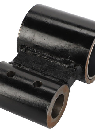 AGCO | ARM - D28280025 by AGCO is a black metal hinge featuring two cylindrical ends and two holes drilled through the flat connecting section. Further product description information is currently unavailable.