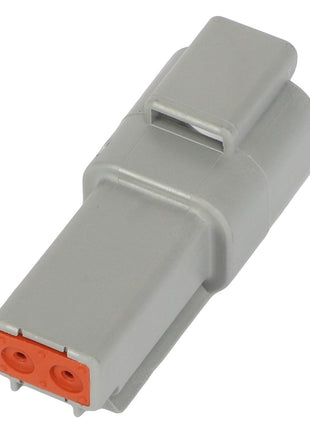 A close-up of the AGCO SOCKET TERMINAL - AG523363, a gray electrical connector with two visible orange ports on one end.