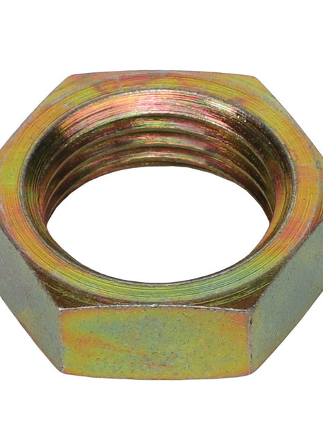 The AGCO NUT - AL5011757 is a hexagonal metal nut with internal threading and a subtly iridescent surface finish.