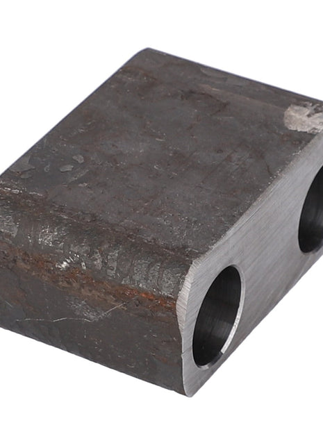 The AGCO | Spacer - Acw1612180 is a rectangular metal block featuring two cylindrical holes drilled through its shorter side; however, there is currently no additional product description available.