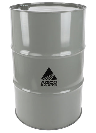 A gray oil drum, branded with the AGCO logo and featuring a sealed lid, stands upright. It is filled with AGCO Parts Premium Extra Engine Oil 15W-40 (205L) - Vacc3610, specifically designed for heavy-duty diesel engines.