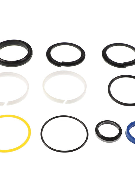 The AGCO | SEALS KIT - AL5036153 from AGCO features an assortment of black, white, yellow, and blue O-rings and seals neatly arranged in rows on a white background.