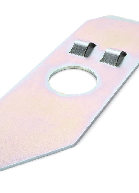 The AGCO | Plate, Concave - D28350146 is a metal grounding plate with a hexagonal shape, featuring a circular hole and two raised connectors, designed to ensure peak efficiency.