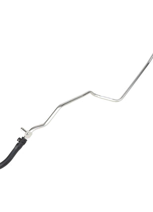 The AGCO | Tube - Acw031344A by AGCO is a metal automotive hose featuring a black rubber-coated section and metallic connectors at both ends. No current product description information is available.