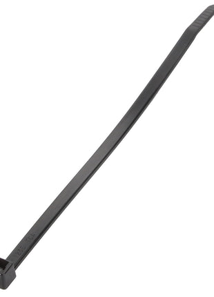 The AGCO Cable Tie - AL5033621 is a black plastic cable tie featuring a ratcheting mechanism at one end, ideal for bundling wires or securing items.