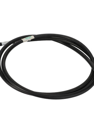 The AGCO | COOLER HYDRAULIC HOSE - ACP0534280, a black coiled hydraulic hose, features sturdy metal connectors on both ends.