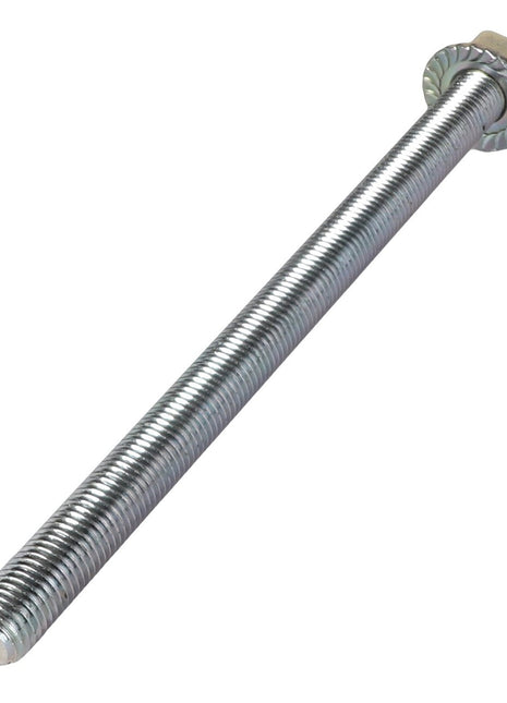 Close-up image of the AGCO Draw Screw - Acw1081330, a metallic fully threaded bolt featuring a hexagonal head and flange, placed on a white background. No current product description information is available.