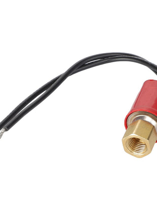 The AGCO HIGH PRESSURE SWITCH - AG524291 features a red design with two black wire leads and a threaded brass connector, ensuring precise control in various applications.