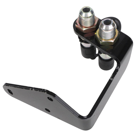 The AGCO | BRACKET - AL10383548 is a black metal bracket that comes with two attached fittings and cables. No current product description information is available.
