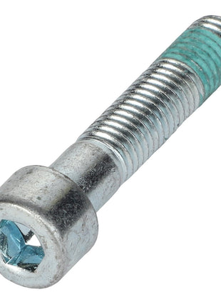 A close-up of the AGCO Screw - Acp0293570, featuring a silver hex socket cap design with blue thread locker applied to the end of its threads.