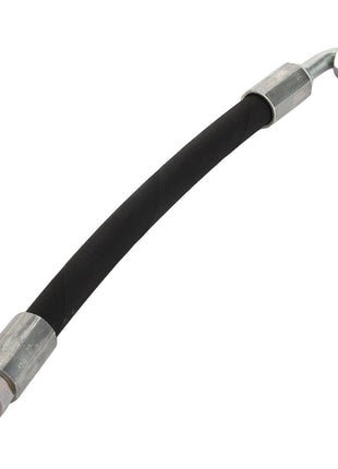 The AGCO Hose - Acw171059A, a black flexible hydraulic hose by AGCO, features metal fittings on both ends—one end straight and the other end bent at an angle. SEO keywords cannot be generated for this product.