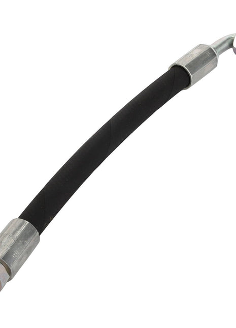 The AGCO Hose - Acw171059A, a black flexible hydraulic hose by AGCO, features metal fittings on both ends—one end straight and the other end bent at an angle. SEO keywords cannot be generated for this product.