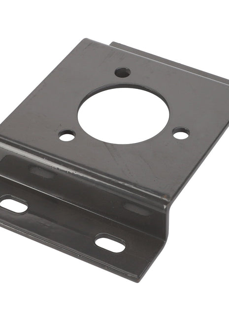 The AGCO BEARING CARRIER - D28782105 is a black metal mounting bracket featuring multiple holes, including a large central circular hole and several smaller ones, designed for securely attaching hardware or equipment.